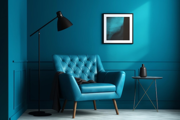 A blue chair in a room with a blue chair and a lamp.