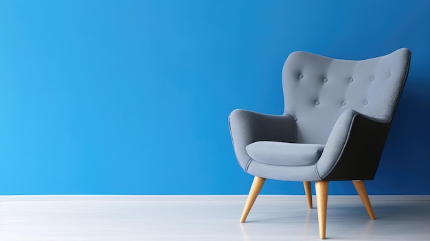 A blue chair in a room with a blue wall