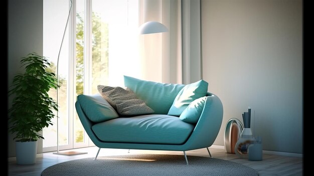 A blue chair in a room with a large window and a white curtain.