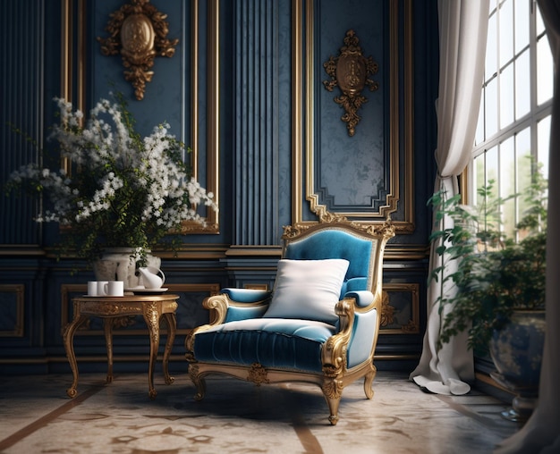 A blue chair in a room with a plant in the corner.