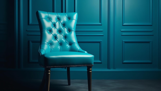 A blue chair in a room with a wallpaper that says'blue chair '