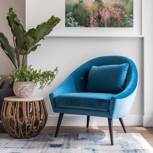 A blue chair sits in front of a plant on a table next to a plant.