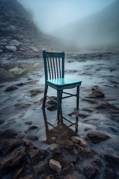 A blue chair sits in a puddle of water on a dark background.