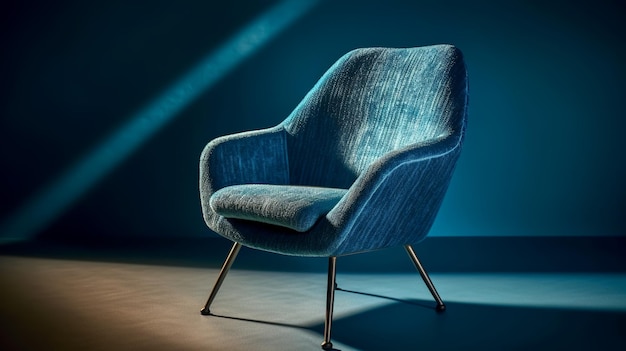 A blue chair with a blue cushion in front of a dark blue background.