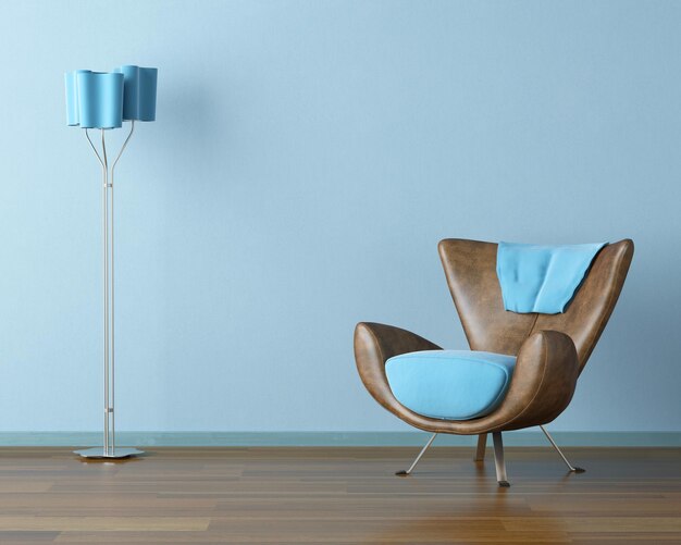 Photo a blue chair with a blue cushion sits in front of a blue lamp