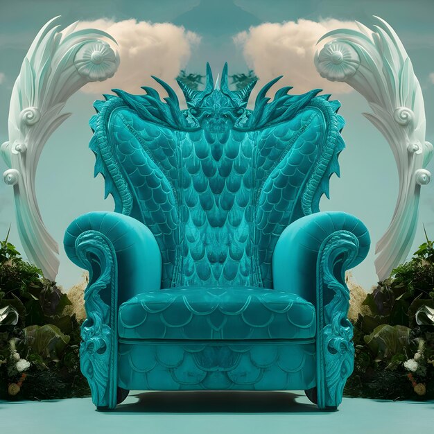 Photo blue chair with dragon head surrealism