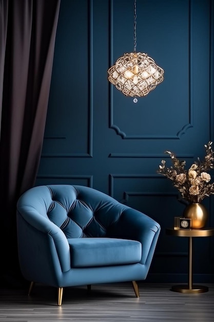 Photo a blue chair with a lamp on the side and a lamp on the side table