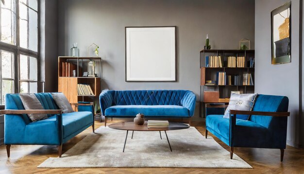 Blue chairs and loveseat sofa against grey wall with big frame poster near bookcase Midcentury scand...