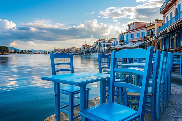 Photo blue chairs tables arranged