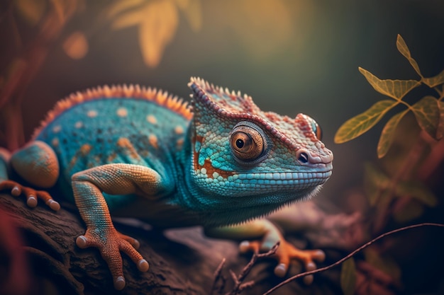 A blue chameleon sits on a branch in a forest.