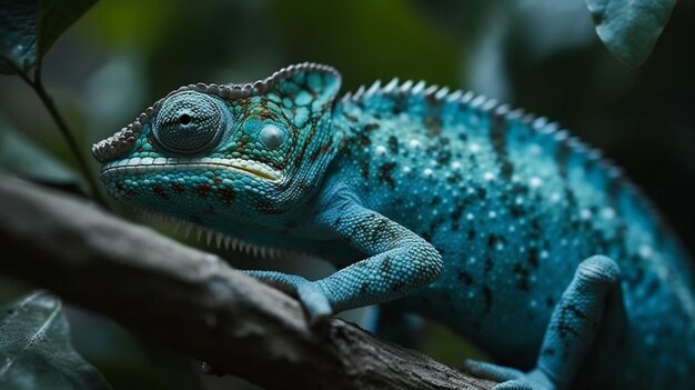 A blue chameleon sits on a branch in a jungle.