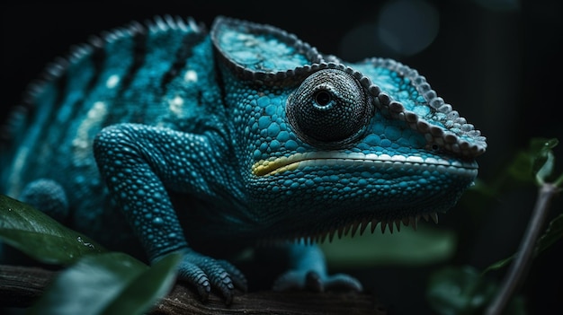 A blue chameleon with a black eye and a black spot on the top.