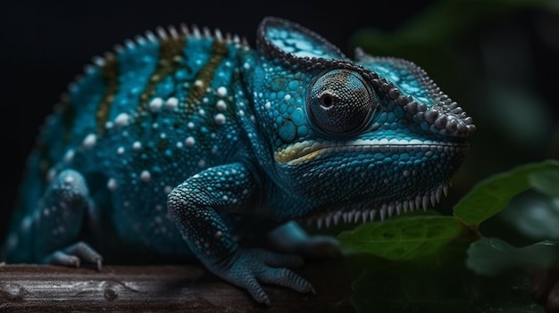 A blue chameleon with a green head and a long sharp teeth sits on a branch.