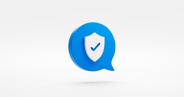 Blue check protection shield 3d icon of message bubble guarantee sign or firewall protect security