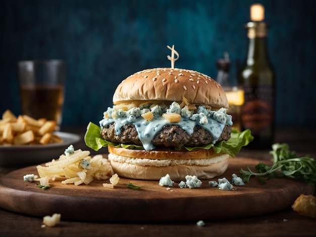 사진 블루치즈버거(blue cheese burger) 크럼블 블루치즈와 캐러멜라이즈된 양파를 얹은 버거