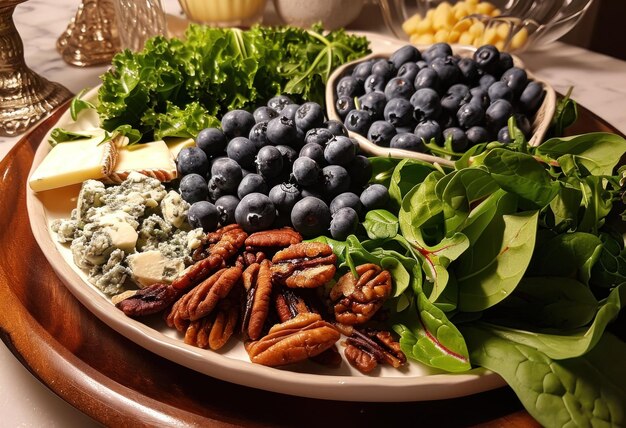 Foto insalata di spinaci al formaggio blu fatta con noci di formaggio blu