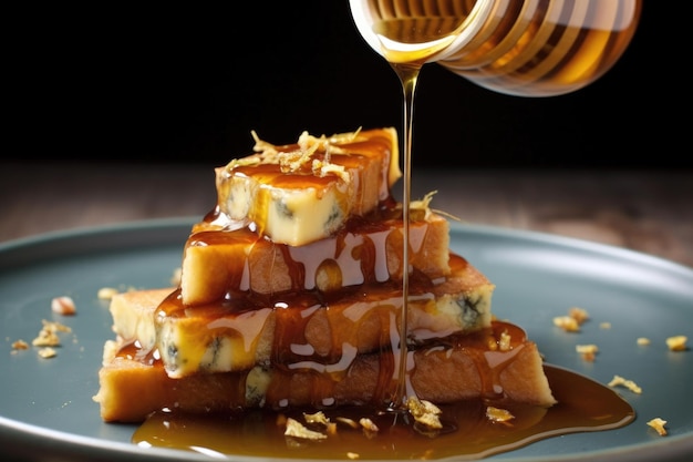 Blue cheese wedge with honey drizzle created with generative ai