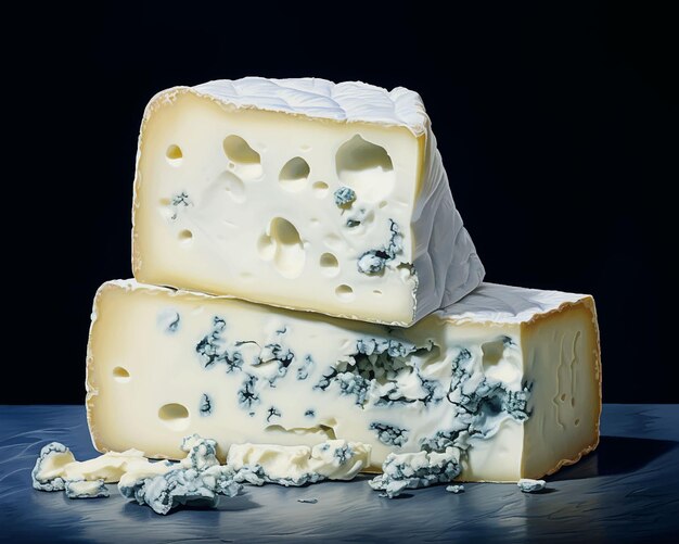 '치즈'라고 적힌 흰 치즈 한 조각을 얹은 블루 치즈
