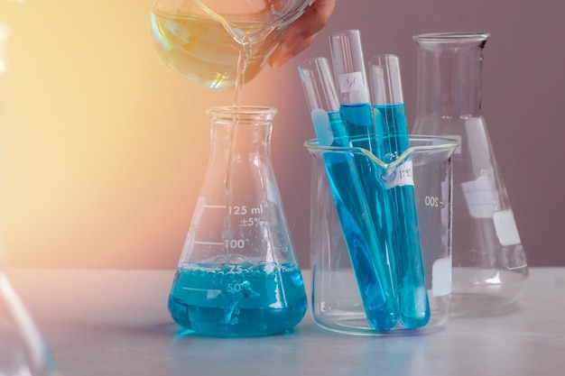 Blue chemical in container at laboratory