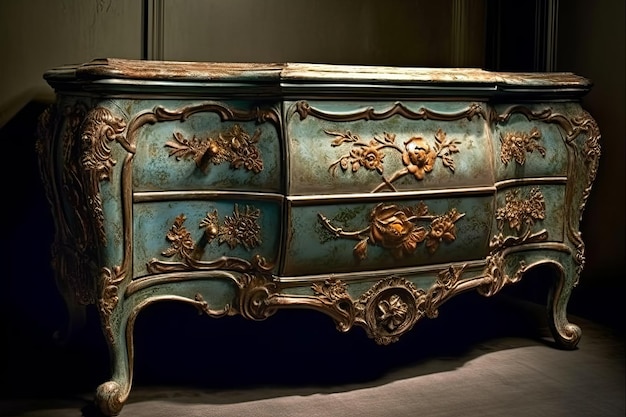 A blue chest of drawers with gold leaf designs.