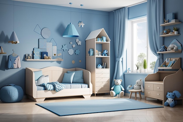 モックアップのための青い子供の部屋のインテリア