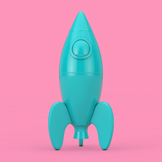 Blue Childs Toy Rocket Mockup Duotone op een roze achtergrond. 3D-rendering