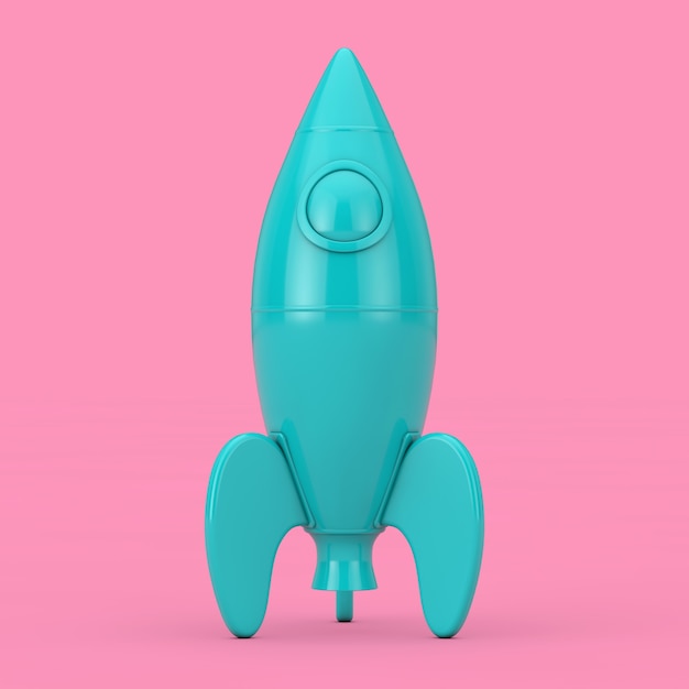 ピンクの背景にブルーチャイルズおもちゃロケットモックアップデュオトーン。 3Dレンダリング