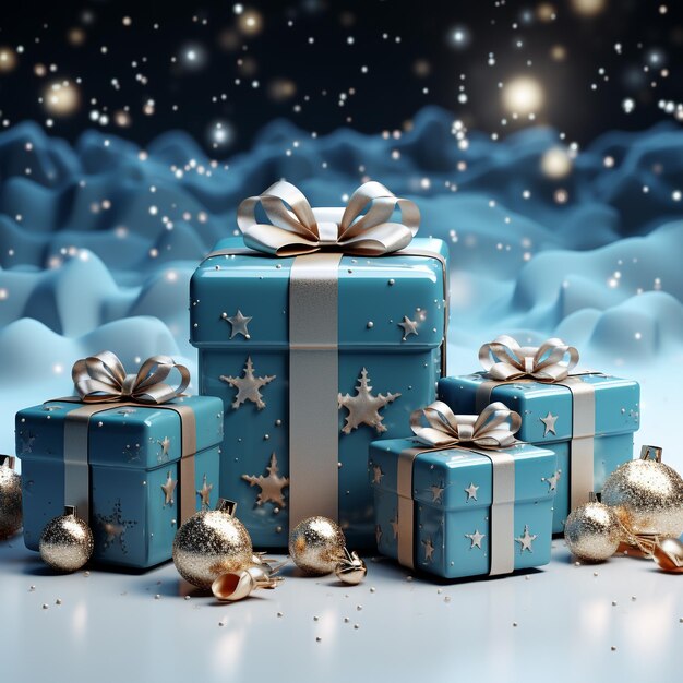 Blue christmas background decorated with two white gifts and snowflakes 3d rendering