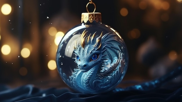 Blue christmas ball with a dragon on the background of bokeh