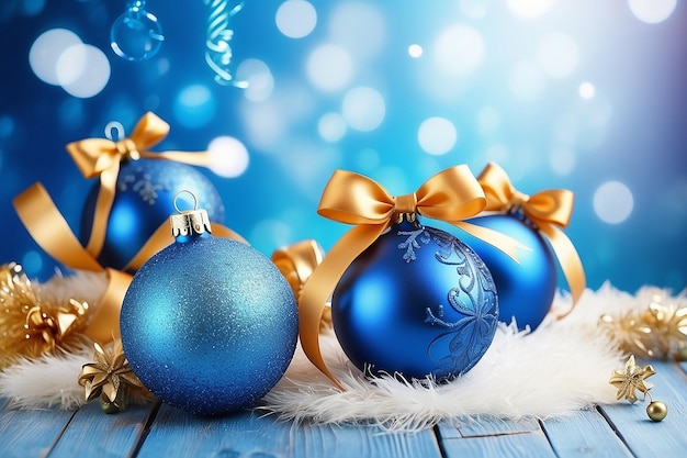 Blue Christmas balls with bows on bright holidays background