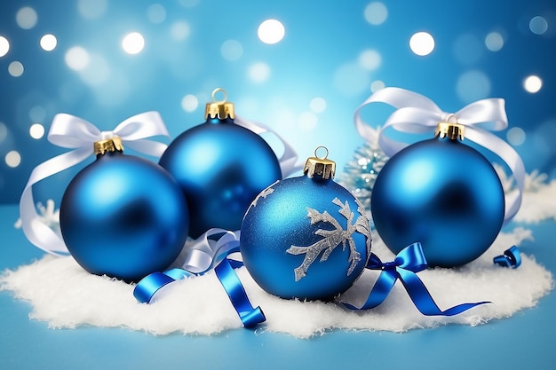 Blue Christmas balls with bows on bright holidays background