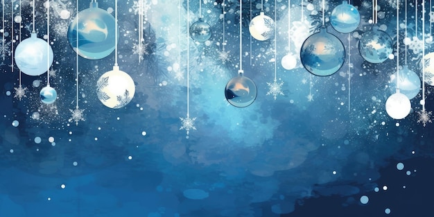 Blue Christmas card with hanging balls Illustration AI GenerativexA