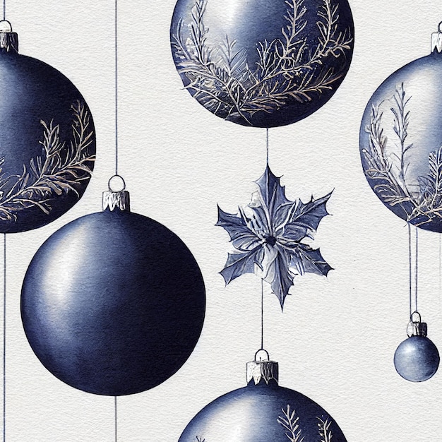 Blue Christmas decorations. Seamless return pattern. Vintage motif. Digital art