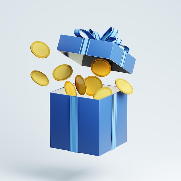 blue christmas gift box pouring golden coins 3d rendering
