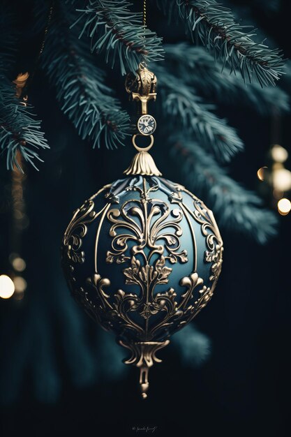 A blue christmas ornament hanging from a fir tree