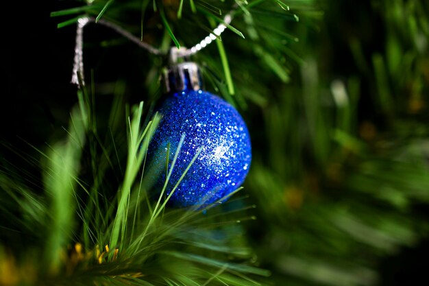 A blue christmas ornament hangs from a tree branch.