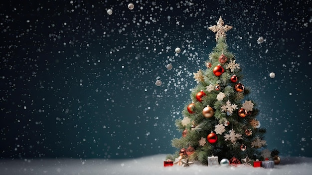 파란색 크리스마스 트리 배경과 빨간색과 금색 장식