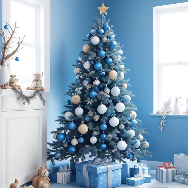 A blue Christmas tree in a festive environment with festive decoration