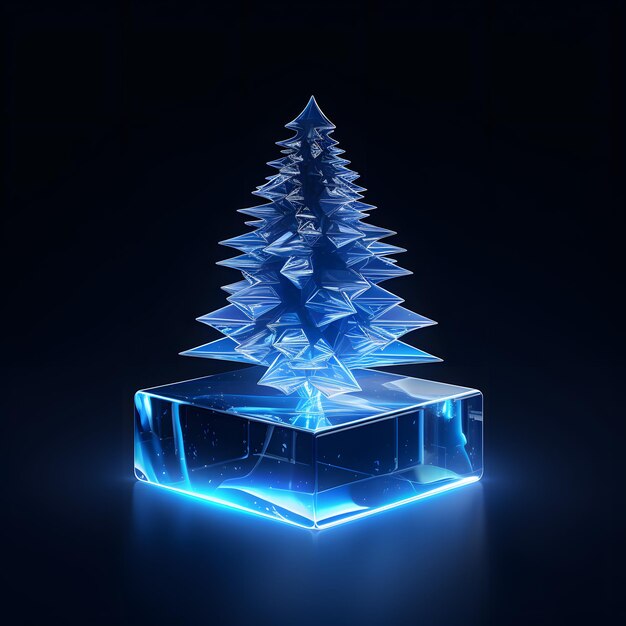 Foto albero di natale blu sul cubo di ghiaccio luci elettriche al neon fluorescenti concetto di festa di capodanno