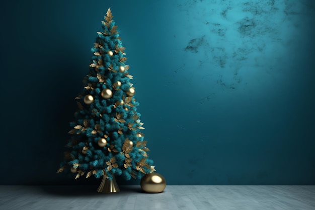 A blue christmas tree with gold balls and a gold ball on the floor.