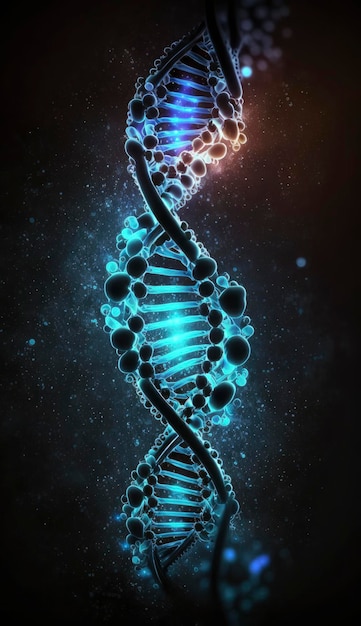 Фото Голубая хромосома днк и постепенно светящийся мерцающий свет, химическое вещество, когда камера движется крупным планом. медицина и наследственность. концепция генетического здоровья. технологическая наука.