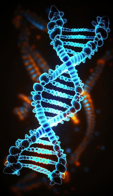 Blue chromosome DNA and gradually glowing flicker light matter chemical when camera moving closeup Medical and Heredity genetic health concept Technology science 3D rendering Generate Ai