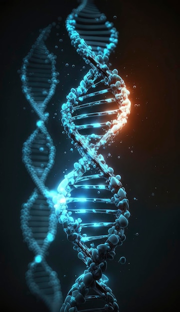 Blue chromosome DNA and gradually glowing flicker light matter chemical when camera moving closeup Medical and Heredity genetic health concept Technology science 3D rendering Generate Ai