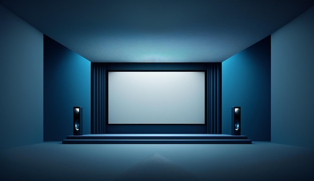 A blue cinema with a screen that says'the cinema'on it