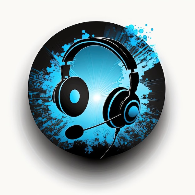 Photo blue circle headset icon illustration, logo, white background. generative ai