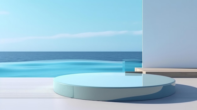 Blue circle podium on ocean background Illustration AI Generative
