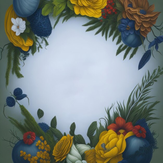 A blue circle with flowers and berries on it