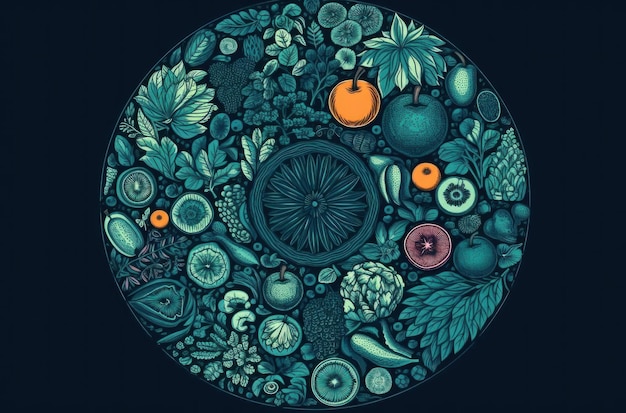 Photo a blue circle with fruits and flowers on it