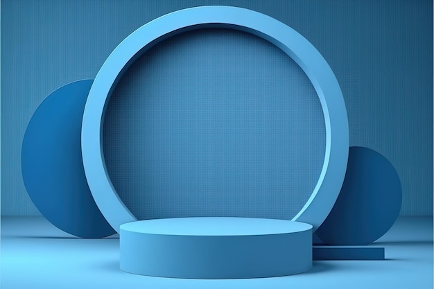 A blue circle with a round podium in front of it.