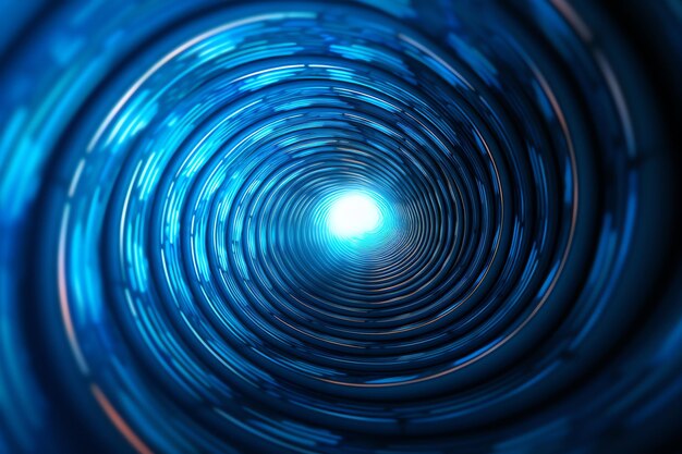 A blue circular tunnel with a blue light at the bottom